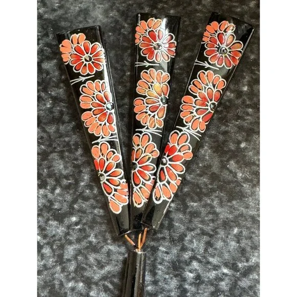 Vtg Japanese Kanzashi Hair Stick Black Painted 3 Fan On  display picture 3